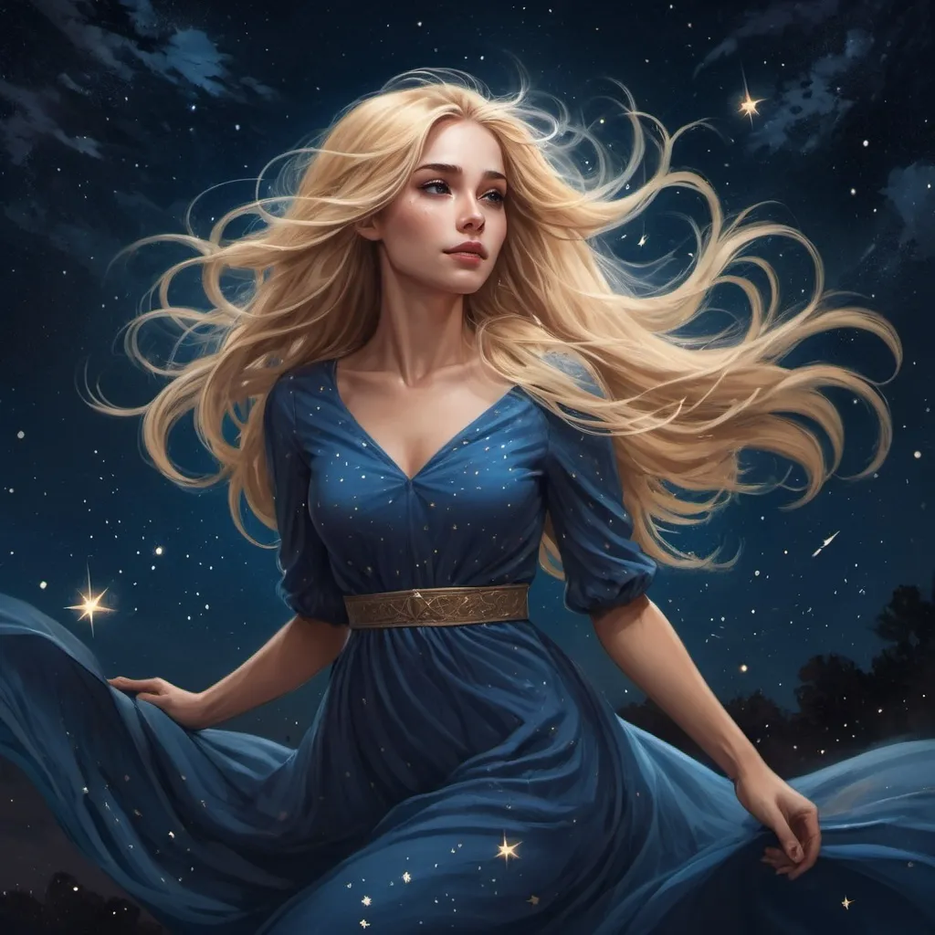 Prompt: a woman in a blue dress with long blonde hair flying through the air in the night sky with stars, Charlie Bowater, fantasy art, highly detailed digital painting, a detailed painting