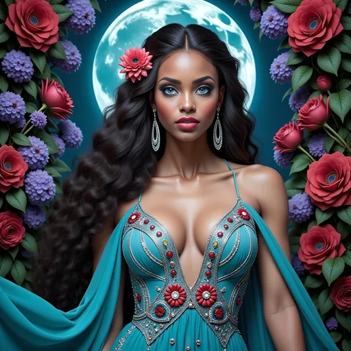 Prompt: Bathed in the ethereal glow of a luminous full moon, a stunning woman with long, flowing hair adorned with vibrant flowers stands amidst a lush, fantastical backdrop. Her striking features—full lips painted a bold red and sparkling earrings—draw the eye, while her intricate turquoise gown, embellished with colorful designs and a flowing cape, accentuates her elegance. Surrounding her are vivid flowers in shades of red and purple, intertwining with leafy green foliage, creating a rich tapestry of color and life. The mood is enchanting, evoking a sense of magic and allure, as if she embodies the spirit of the night itself, shimmering with mystery and beauty.