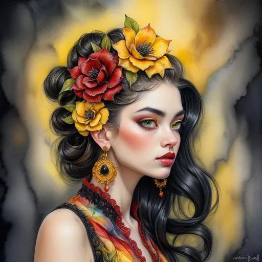 Prompt: <mymodel> beautiful woman, hair pinned up, yellow red black dress, earrings, Watercolor, trending on artstation, sharp focus, studio photo, intricate details, highly detailed, by  Josephine Wall and Jasmine Becket-Griffith