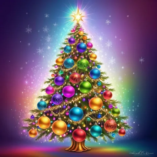 Prompt: Rainbow bright Christmas tree, vibrant colors, sparkling ornaments, festive atmosphere, high quality, digital art, whimsical, bright and colorful, magical glow, detailed ornaments, joyful, festive, holiday, Christmas, sparkling lights, vibrant, atmospheric lighting