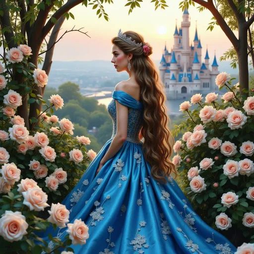 Prompt: Bathed in the soft glow of golden hour, a young woman stands gracefully in a striking blue gown adorned with delicate floral embellishments, hinting at a fairytale setting. Her long, wavy hair cascades elegantly down her back, complemented by a sparkling tiara atop her head, adding a touch of regal charm. Surrounded by blooming roses that frame her entrance, she gazes toward a majestic castle with soaring blue spires in the background, nestled amid lush greenery. The cobblestone path leads the viewer’s eye toward her, inviting a sense of wonder and enchantment in this dreamy, romantic landscape. The overall composition blends a serene atmosphere with a hint of magical storytelling, evoking a perfect moment of anticipation and beauty.