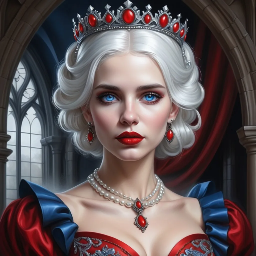 Prompt: a woman with  white hair, blue eyes, red lips, a tiara and pearls on her head and a red lip and a blue dress with a red and white collar, Anne Stokes, gothic art, highly detailed digital painting, a detailed painting