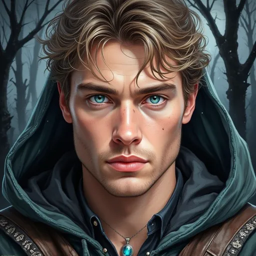 Prompt: This is a highly detailed digital illustration of a young man with a focused, intense expression. He has light brown, slightly tousled hair and strikingly bright blue eyes that dominate his face. His skin is fair with a few subtle freckles and a small mole on his right cheek. He is wearing a brown leather hooded cloak with intricate white patterns along the edges, and a black shirt is visible underneath. Around his neck, he wears a pendant with a blue gemstone that matches his eye color. The background is a dark, misty forest with tall, shadowy trees, creating a mysterious and slightly eerie atmosphere. The image has a realistic yet slightly stylized look, with careful attention to textures, such as the softness of the man's hair, the smoothness of his skin, and the detailed embroidery on his cloak. The lighting is soft, highlighting his facial features and the blue gemstone, while the forest background remains dark and blurry, drawing attention to the man's face. The overall style of the illustration is reminiscent of fantasy art, with a strong emphasis on realism and detailed character design.
