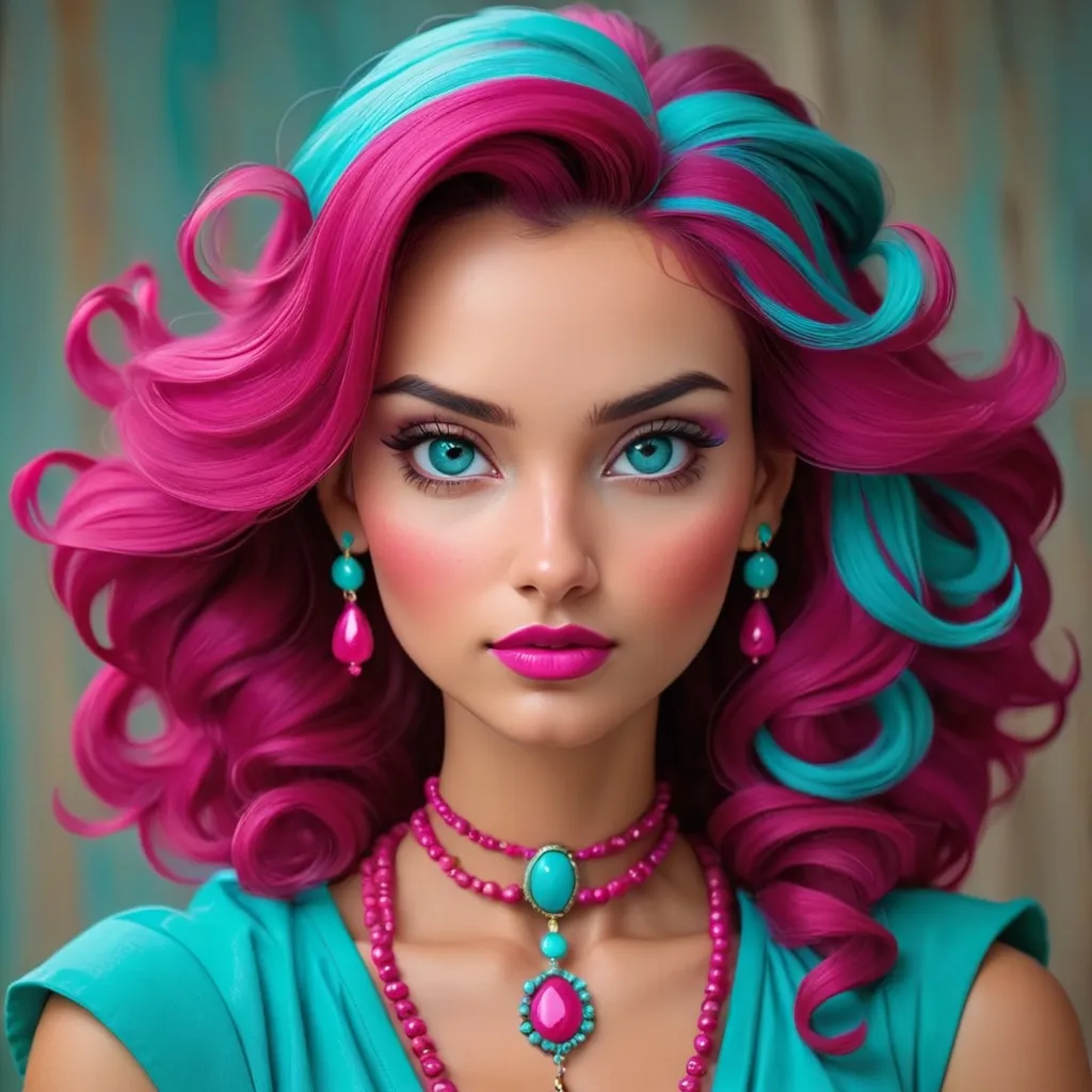 Prompt: A pretty lady, magenta and turquoise
