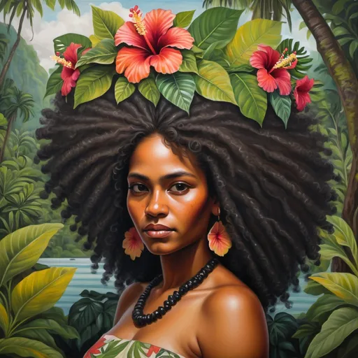 Prompt: Painting of the portrait of a pretty Melanesian woman, wearing cocontractant leaves crown and hibiscus flowers on her left ear. She has long thick afro hair, a black skin and she is surrounded by tropical nature and flowers.