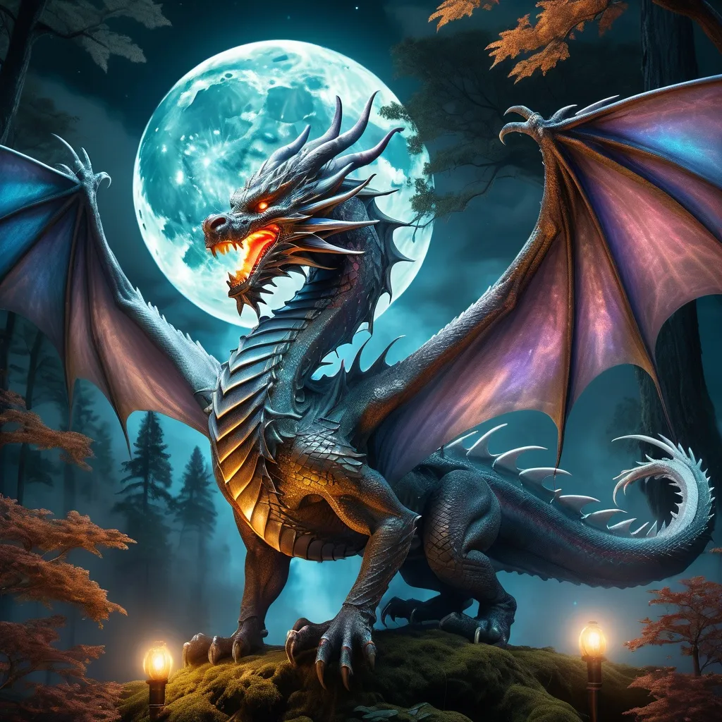 Prompt: Majestic dragon, intricate scales glistening under a full moon, wisps of smoke curling from nostrils, wings outstretched in an awe-inspiring pose, mystical forest backdrop illuminated by ethereal light, wonders of magical colors, magical atmosphere, fierce yet regal expression, ultra-detailed, high quality, vivid, dramatic lighting.