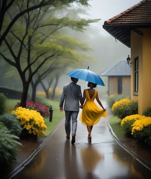 Prompt: Beneath the soft drizzle of a romantic rain, a couple walks hand-in-hand down a winding pathway, creating a striking scene filled with warmth and intimacy. The man, dressed in a tailored gray suit, holds a large blue umbrella over both of them, while the woman radiates joy in her vibrant yellow dress, its flowing fabric accentuating her graceful movement. They stroll past blooming clusters of pink hydrangeas and cheerful orange marigolds, the colors vibrant against the gray sky, which casts a dreamy haze over the landscape. The path glistens with rainwater, mirroring their cheerful expressions and the surrounding lush greenery, creating an atmosphere rich with love and the promise of new beginnings. This idyllic setting, with its blend of natural beauty and gentle ambiance, conveys a narrative of connection and the simple pleasures found in shared moments.