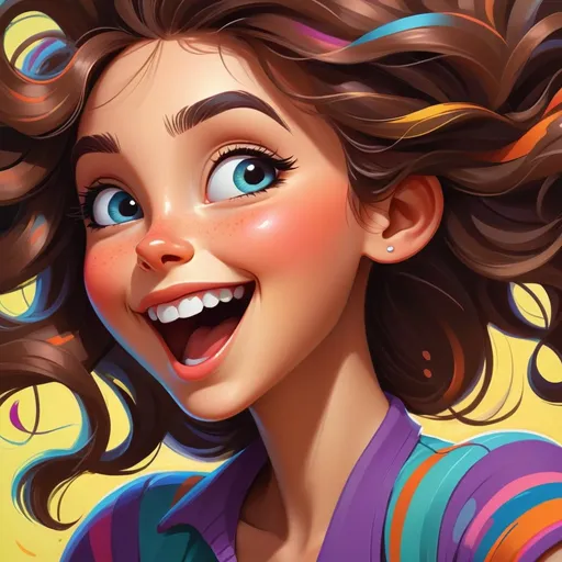 Prompt: Cartoon illustration of a cheerful girl, vibrant and lively colors, playful and whimsical style, flowing hair with dynamic movement, bright and expressive eyes, cute and endearing facial features, joyful and carefree expression, best quality, highres, colorful, cartoon, cheerful, vibrant colors, lively style, dynamic hair, expressive eyes, cute, joyful expression, playful