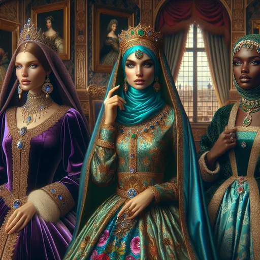 Prompt: portrays beautiful women as historical princesses in sumptuous costumes and settings.