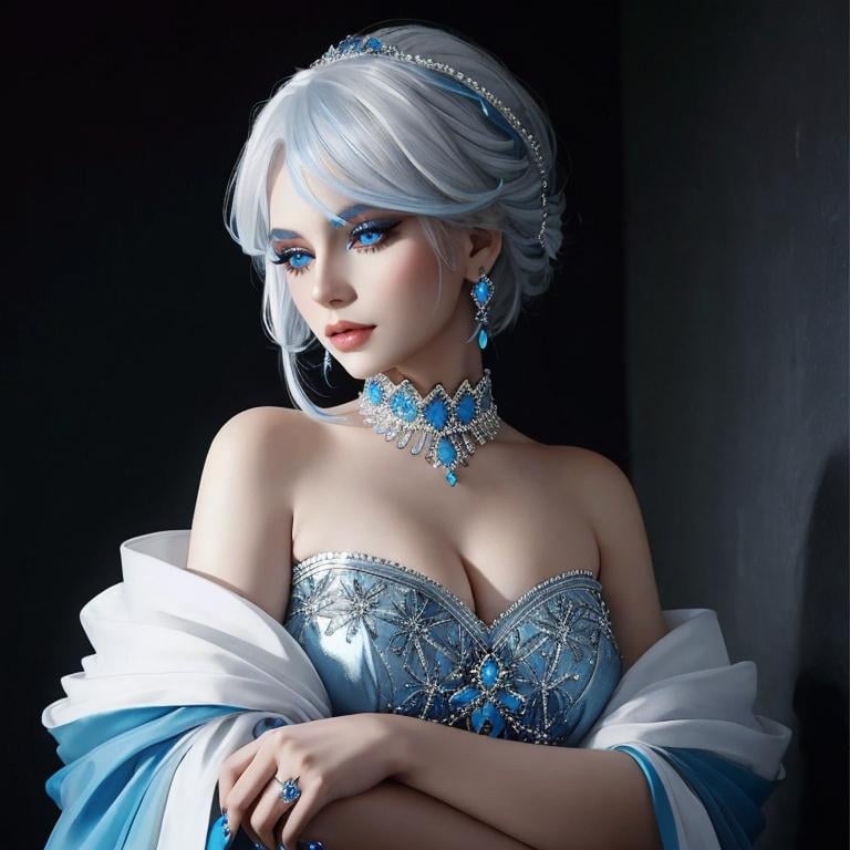 Prompt: A beautiful woman, white hair, blue eyes, blue eyeshadow, blue jewels o