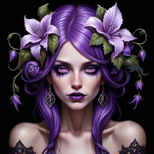 Prompt: a woman with purple hair and flowers on her head and purple eyes and lips, with a black background, Anne Stokes, gothic art, highly detailed digital painting, a digital painting