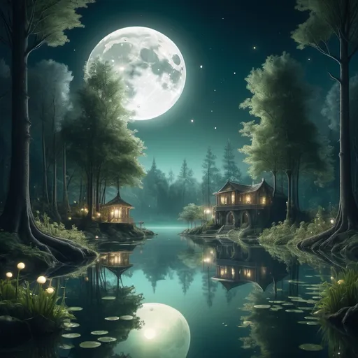 Prompt: A serene, moonlit lake in a magical forest, where the reflection of the moon reveals a hidden underwater city, illuminated by soft, ethereal lights.