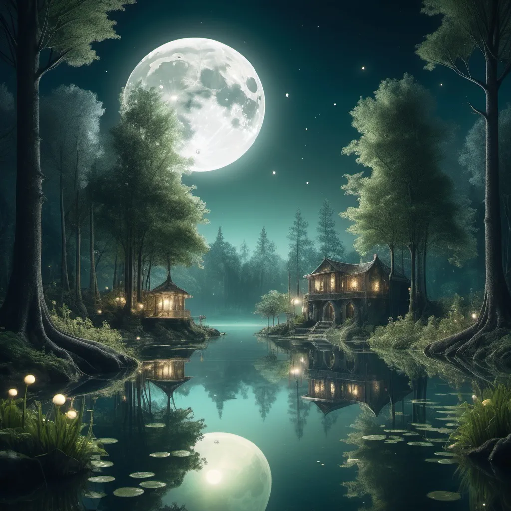 Prompt: A serene, moonlit lake in a magical forest, where the reflection of the moon reveals a hidden underwater city, illuminated by soft, ethereal lights.