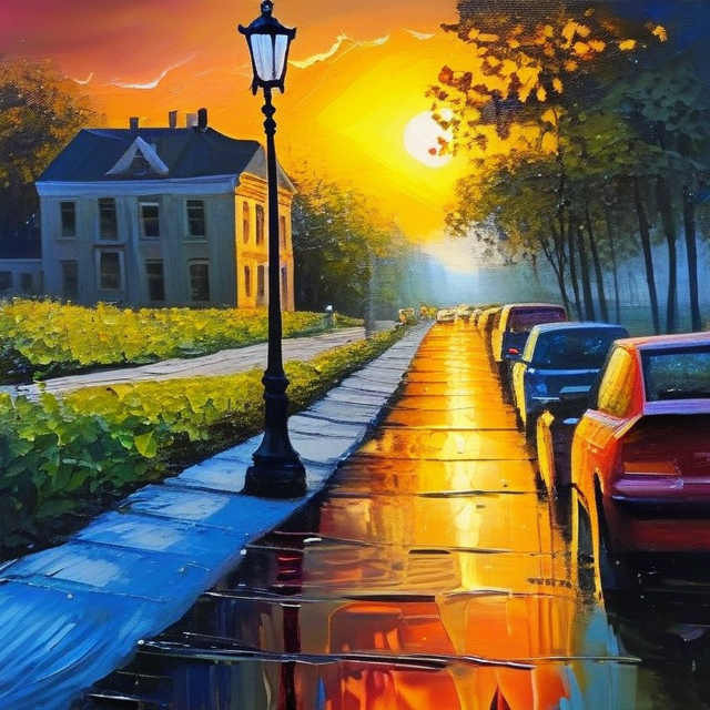 Prompt: a painting of a street with a car parked on the side of the road and a lamp post on the side of the road, Evgeny Lushpin, american scene painting, intricate oil painting, an oil painting