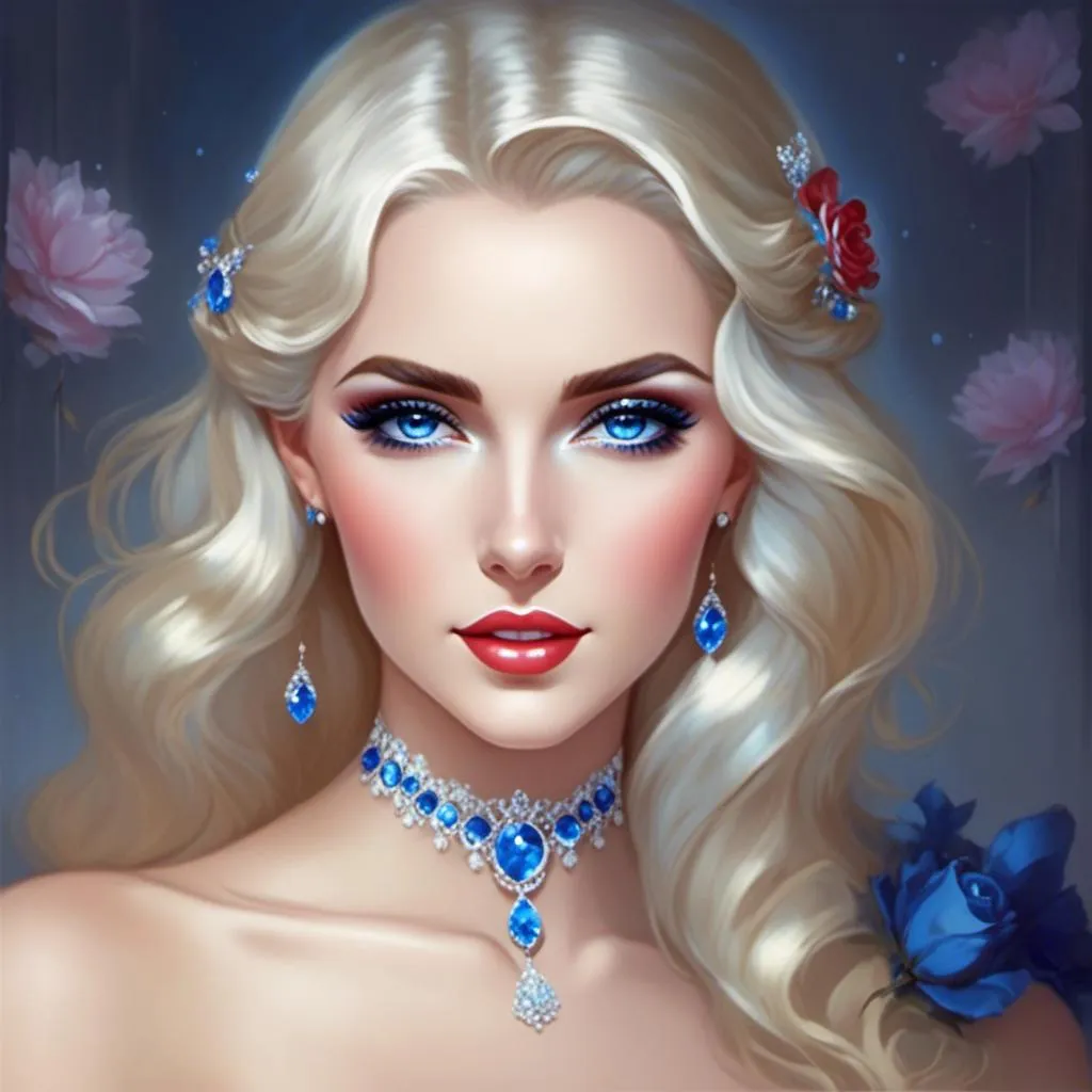 Prompt: <mymodel>A beautiful woman, snow white hair with pastel highlights, frosty blue eyes, blue eyeshadow, blue jewels on forehead