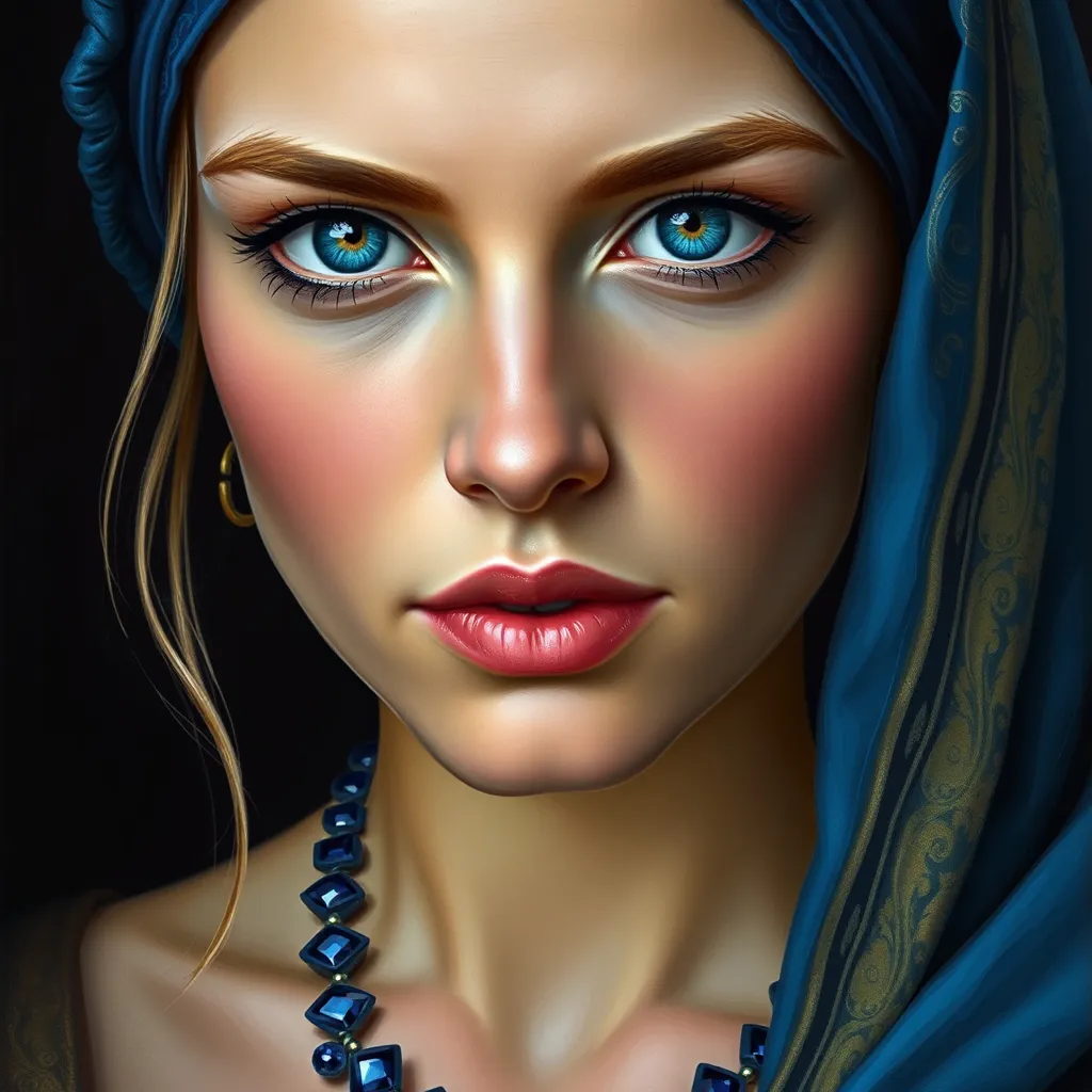 Prompt: a woman with blue eyes wearing a blue head scarf and a sapphire necklace, Art Brenner, figurative art, highly detailed digital painting, a photorealistic painting