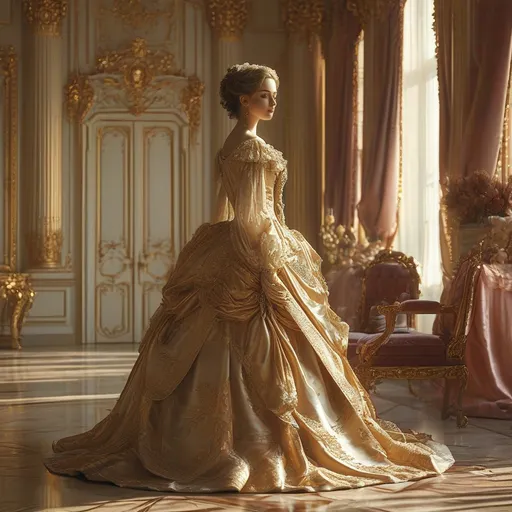 Prompt: elegant woman, adorned in a luxurious gown, standing gracefully, golden color palette, opulent room with high ceilings, warm lighting, rich velvet curtains draping, plush furniture, intricate moldings, ambient glow enhancing the glamour, intricate details creating a sense of sophistication, lavish decor, ultra-detailed, 4K quality, dramatic atmosphere.