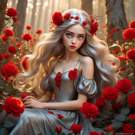 Prompt: <mymodel>Fairy tale, beautiful girl with white skin, (perfect face), light golden hair, blue pupils, red lips, forest style, mysterious, vintage fashion-dresses, with a transparent crystal crown on her head, the woman's body is so white Glows, (high detail) sitting on an oversized red rose, hyperdetail, ultra high definition.