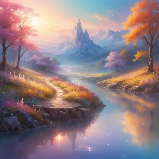 Prompt: (ethereal glow), luminous light radiating, soft illumination, vivid colors, warm ambient tones, magical atmosphere, serene background, enchanting landscapes, high detail, ultra-detailed, vibrant, dreamlike scenery, shimmering reflections, calming hues, captivating visual experience