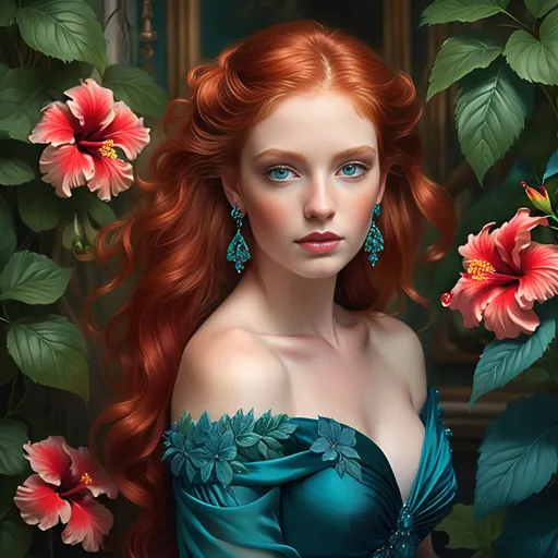 Prompt: Radiating elegance and beauty, a young woman with cascading, voluminous red hair gazes softly with striking blue eyes framed by delicate lashes. She wears a flowing, off-the-shoulder teal gown that highlights her graceful neckline, complemented by ornate earrings featuring red gems. Surrounding her are lush green leaves and vibrant hibiscus flowers in rich shades of red, creating a lush, tropical ambiance that enhances the intimate yet enchanting atmosphere. The subtle play of light accentuates her delicate features and adds a warm glow to the scene, evoking a sense of sophistication and allure that captivates the viewer. This intricately detailed portrait melds floral elements with a classic portray of feminine grace, inviting a narrative of timeless beauty.
