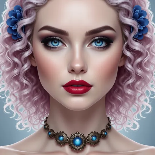 Prompt: a woman with blue makeup and a flower in her hair and a necklace on her neck and a blue flower in her hair, Anna Dittmann, fantasy art, highly detailed digital painting, a digital painting