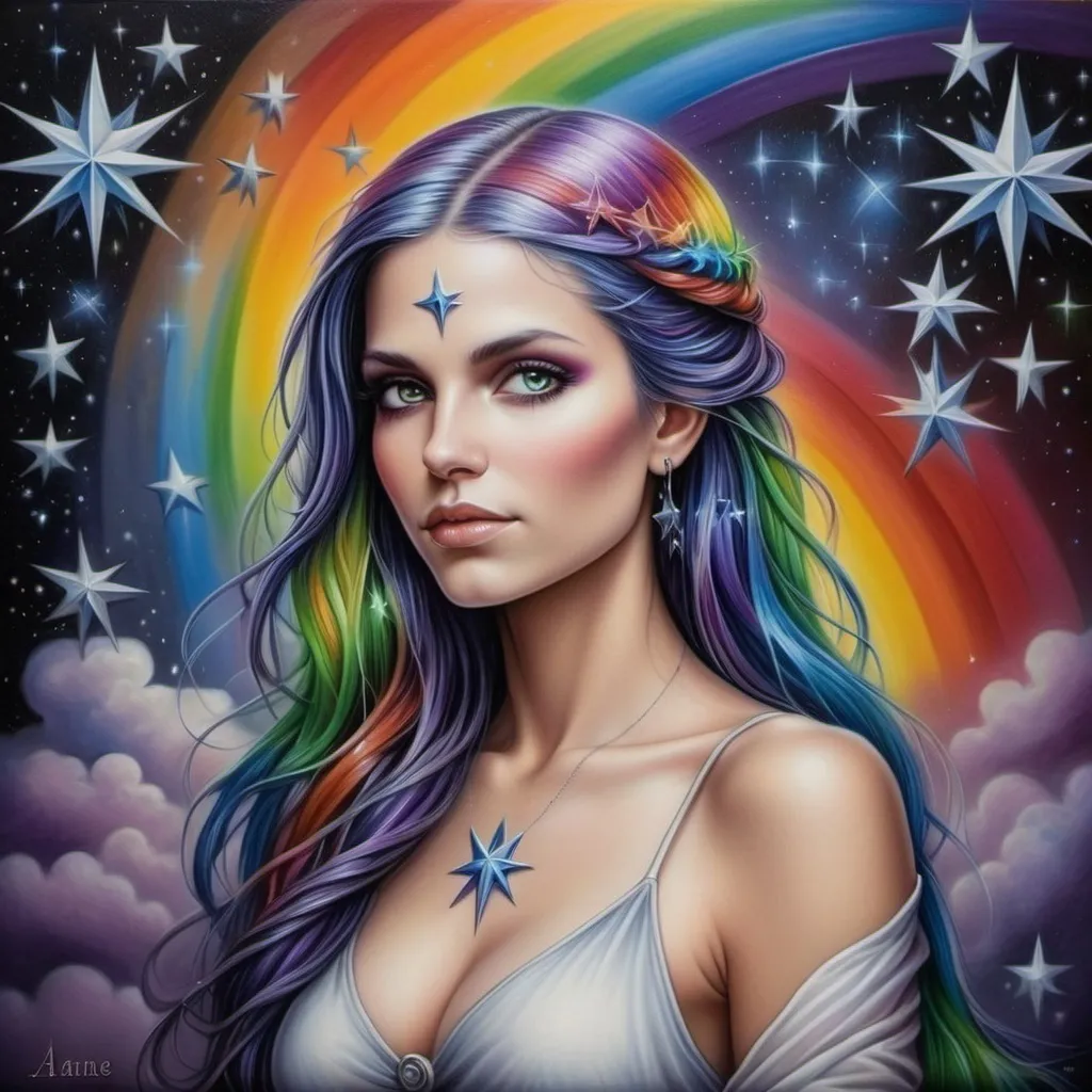 Prompt: <mymodel> a painting of a woman with a rainbow background with stars around her,, Anne Stokes, fantasy art, stars, a detailed painting