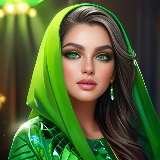 Prompt: <mymodel>Detailed illustration of a woman in vibrant green attire, large vivid green eyes, elegant makeup, digital painting, high resolution, realistic style, vibrant green, professional lighting