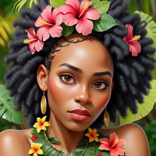 Prompt: <mymodel> Painting of the portrait of a pretty Melanesian woman, wearing cocontractant leaves crown and hibiscus flowers on her left ear. She has long thick afro hair, a black skin and she is surrounded by tropical nature and flowers. 