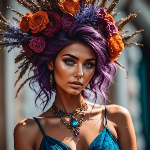 Prompt: <mymodel>fairy goddess of peacocks,  purple flowers, vibrant color.facial closeup