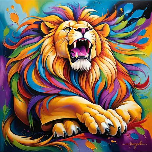 Prompt: Abstract surrealism painting of a majestic lion, vibrant and bold brushstrokes, exaggerated features, vivid colors, dreamlike atmosphere, high quality, surrealism, vibrant colors, abstract art, majestic lion, dreamlike, bold brushstrokes