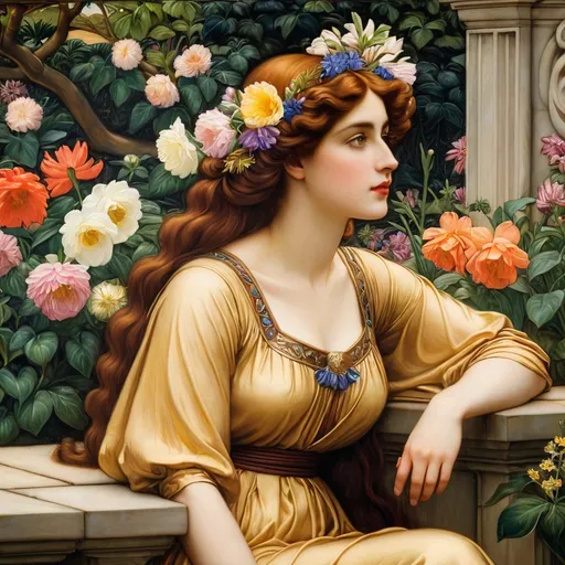 Prompt: a painting of a woman with flowers in her hair sitting on a ledge in front of a garden of flowers, Evelyn De Morgan, pre-raphaelitism, pre - raphaelite, a fine art painting