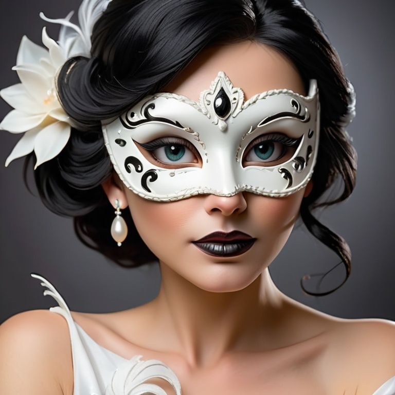 Prompt: white masquerade mask worn by an elegant lady with black hair, facial closeup