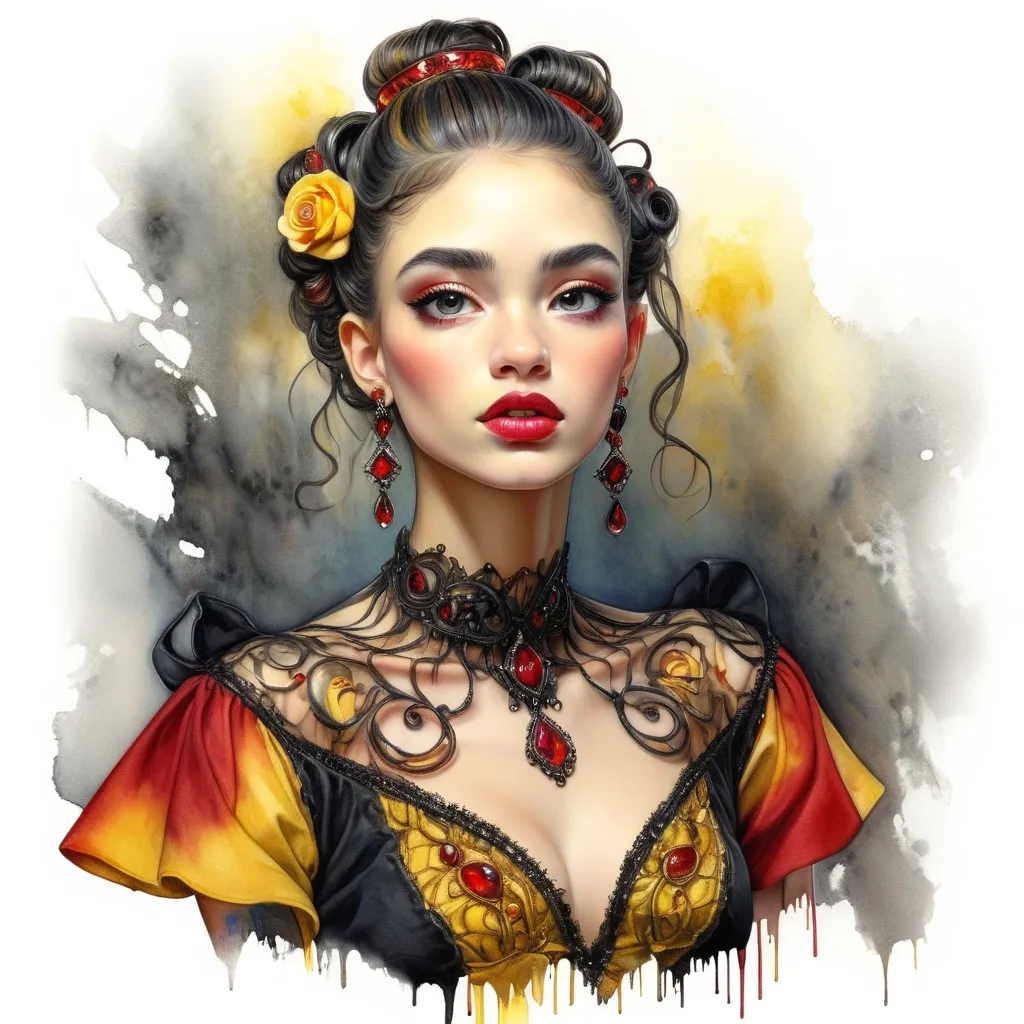 Prompt: <mymodel> beautiful woman, hair pinned up, yellow red black dress, earrings, Watercolor, trending on artstation, sharp focus, studio photo, intricate details, highly detailed, by  Josephine Wall and Jasmine Becket-Griffith