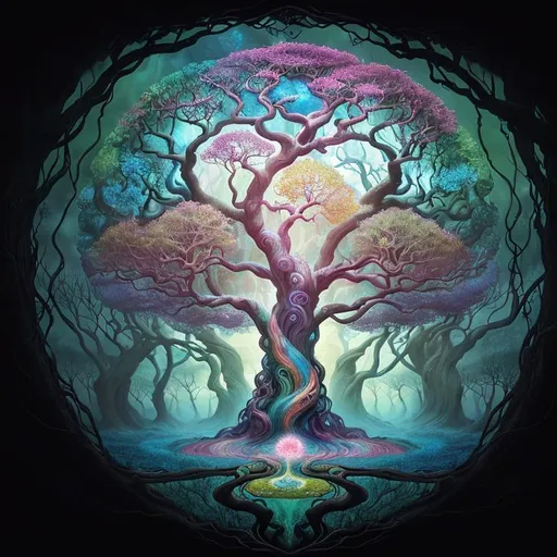 Prompt: Surrealistic depiction of the Tree of Life, vibrant and otherworldly, swirling branches and roots, dreamlike atmosphere, mysterious and enchanting, high quality, detailed surrealism, magical realism, whimsical colors, ethereal lighting, mystical infusion, vibrant and dreamlike, mystical, enchanted, surrealism, vibrant colors, swirling branches, dreamlike, high quality, detailed, magical realism, ethereal lighting