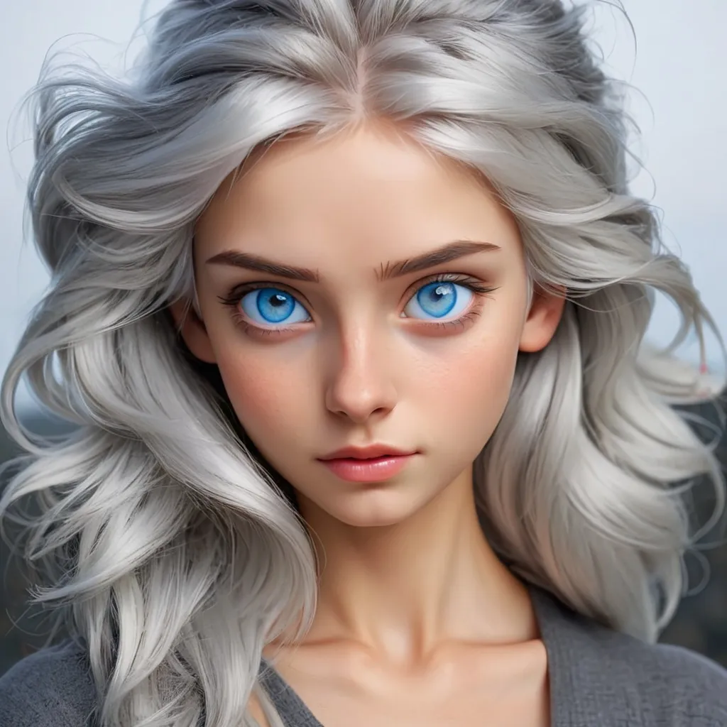 Prompt: Silver hair blue eyes, young woman,