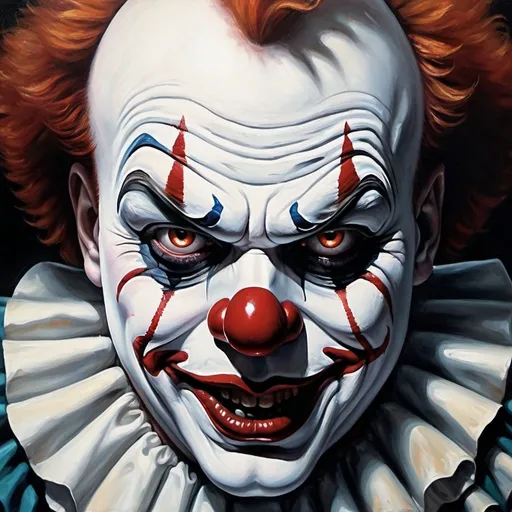 Prompt: Scary, eerie, realistic oil painting of a creepy clown, intense and menacing expression, dark and sinister color palette, detailed facial features, haunting and disturbing atmosphere, high quality, realistic, horror, dark tones, detailed eyes, oil painting, intense lighting