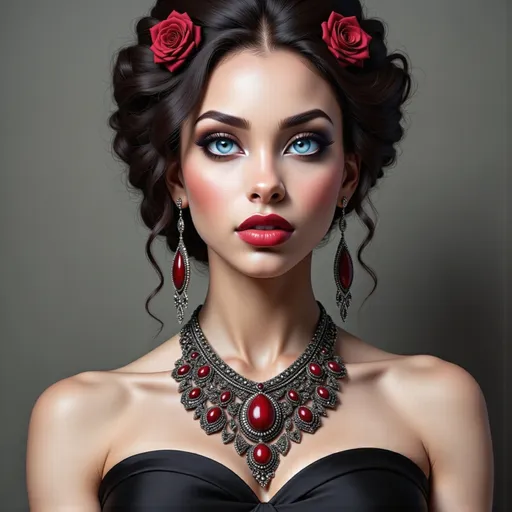 Prompt: a woman with a necklace and earrings on her neck and a red lip and a black dress on her chest, Edwin Georgi, gothic art, highly detailed digital painting, a photorealistic painting