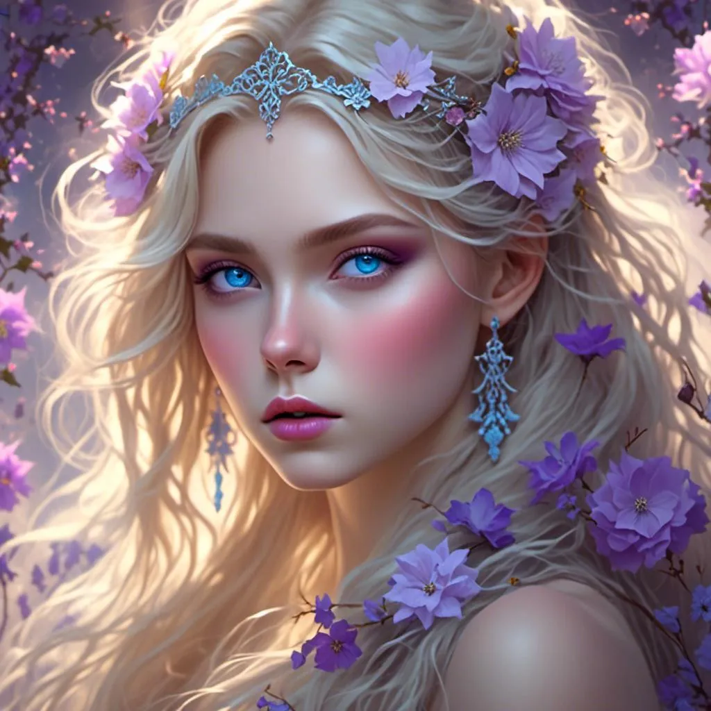 Prompt: <mymodel>Beautiful ethereal woman, long blonde hair,and icy blue eyes color, purple lipstick, facial closeup