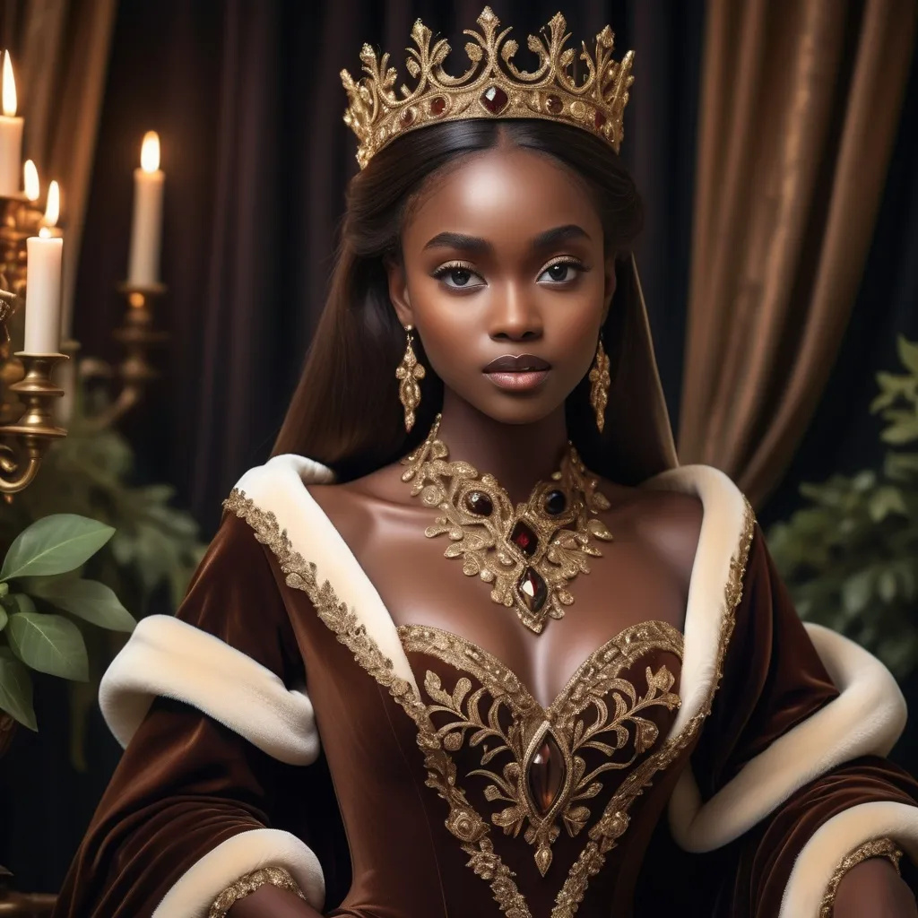 Prompt: Cocoa princess, rich chocolate tones, elegant gown with intricate details, regal crown adorned with gems, luxurious velvet cape, enchanting forest setting, warm and soft lighting, high quality, royal fantasy, detailed embroidery, majestic, opulent, graceful, royal, warm lighting