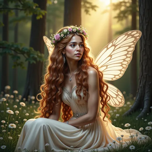 Prompt: Bathed in the ethereal glow of soft, golden sunlight filtering through the trees, a fairy-like figure with long, flowing auburn hair sits gracefully amidst a magical forest scene. Adorned with a delicate crown of pastel flowers, she wears a flowing, cream-colored dress that enhances her enchanting presence, while translucent wings with intricate patterns shimmer softly behind her. The lush greenery surrounding her, punctuated by the gentle hues of wildflowers, adds to the dreamlike atmosphere, evoking a sense of serenity and wonder. An air of wistfulness envelops the moment, suggesting a story of enchantment waiting to unfold in this captivating woodland setting.