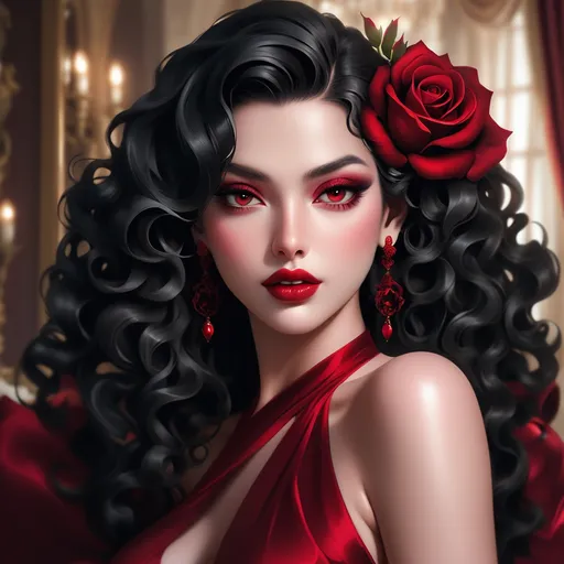 Prompt: With striking features framed by luxurious, cascading black curls, a stunning woman captivates attention. Her lips, painted a deep crimson, perfectly match the vibrant rose adorning her hair, while smaller rose earrings accentuate her elegant ensemble. The sultry makeup—highlighting her dramatic eyes with rich shades of red—enhances her alluring expression, radiating confidence and allure. Set against a softly blurred backdrop illuminated by twinkling lights, the warm glow adds a romantic ambiance to the scene, evoking a sense of glamour and sophistication that melds seamlessly with her bold style. The overall composition exudes a cinematic quality, embracing a narrative of elegance and beauty.