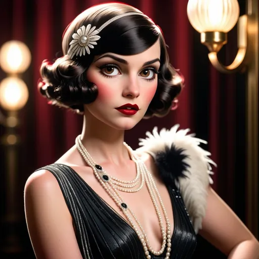 Prompt: 1920s flapper in elegant formal gown, dark brown eyes, cherry red lips, vintage art deco style, high quality, glamorous, detailed hair, elegant, stylish, classic black and white, atmospheric lighting, detailed eyes, professional