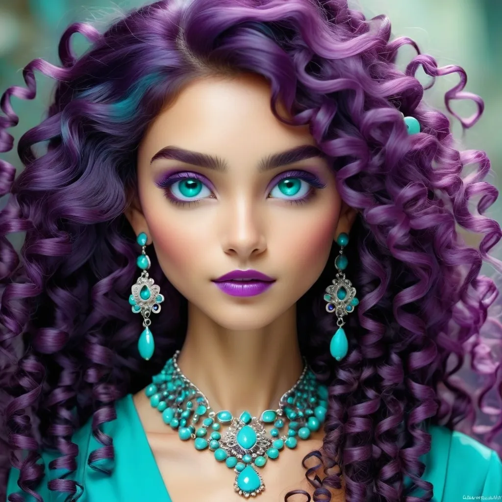 Prompt: <mymodel>An extremely gorgeous woman,  with turquoise jewels, in color scheme of purple, long curly hair