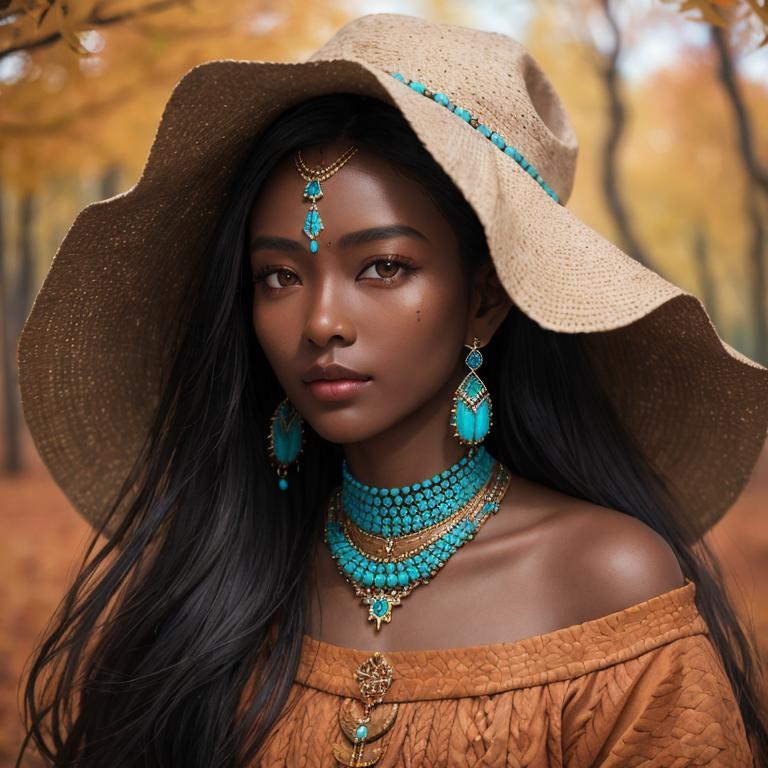 Prompt: <mymodel>Woman with dark skin, warm autumn colors, wearing turquoise jewelry,facial closeup