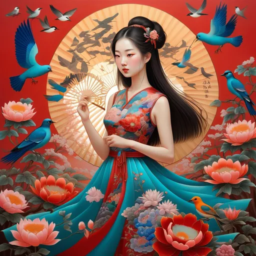 Prompt: a woman in a colorful dress surrounded by flowers and birds with a sunbeam in the background and a red sky, Fan Qi, cloisonnism, highly detailed digital painting, a detailed painting