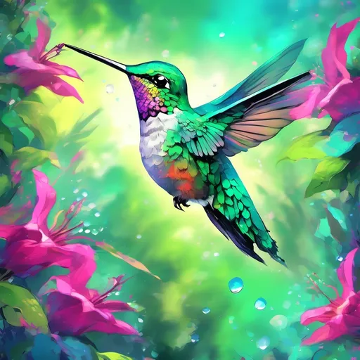 Prompt: (hummingbird turquoise), vibrant shades of (emerald green and azure), depicting a magical nature scene, lush greenery in the background, soft-focus flowers with drops of dew, high detail on the hummingbird’s feathers, enchanting and serene atmosphere, 4K resolution, ultra-detailed texture, conveying a sense of freedom and beauty.