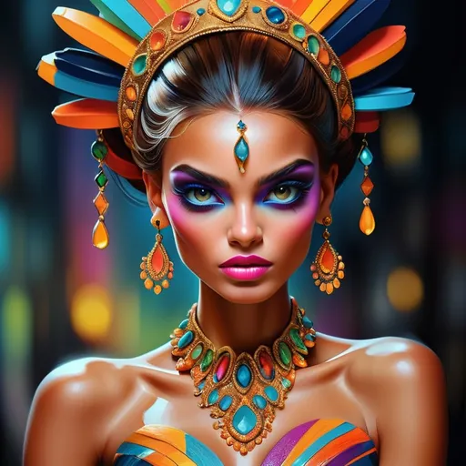 Prompt: digital painting, dramatic colourful makeup, high fashion, intense gaze, realistic portrayal, vibrant colors, detailed features, highres, professional, dramatic, realistic, digital painting, intense gaze, vibrant colors, detailed features, high fashion, glamorous lighting