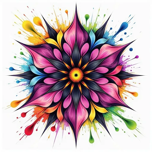 Prompt: This is a vibrant, digital watercolor-style drawing of a symmetrical floral mandala. At the center is a small, yellow, circular flower with a textured, sunburst-like pattern. Surrounding this central flower are eight large, pointed petals in shades of pink and purple, with black and yellow accents. The petals have a smooth, slightly glossy texture, resembling watercolor paper. Black, pointed leaves and small yellow dots are interspersed between the petals, adding depth and contrast. The background is white, but splashes of colorful paint in red, green, blue, yellow, and orange radiate outward from the center, adding a dynamic, energetic feel to the image. The splashes vary in size and shape, with some being solid blobs and others being droplets, creating a sense of movement and spontaneity. The overall style is modern and abstract, with a focus on bold colors and symmetrical patterns. The image has a playful and vibrant aesthetic, with a combination of floral and abstract elements. The use of watercolor techniques and digital medium gives it a fresh and lively appearance.