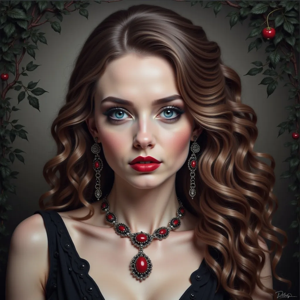 Prompt: a woman with long hair and a necklace on her neck and a red lipstick on her cheek and a black dress, Carla Wyzgala, gothic art, highly detailed digital painting, a photorealistic painting