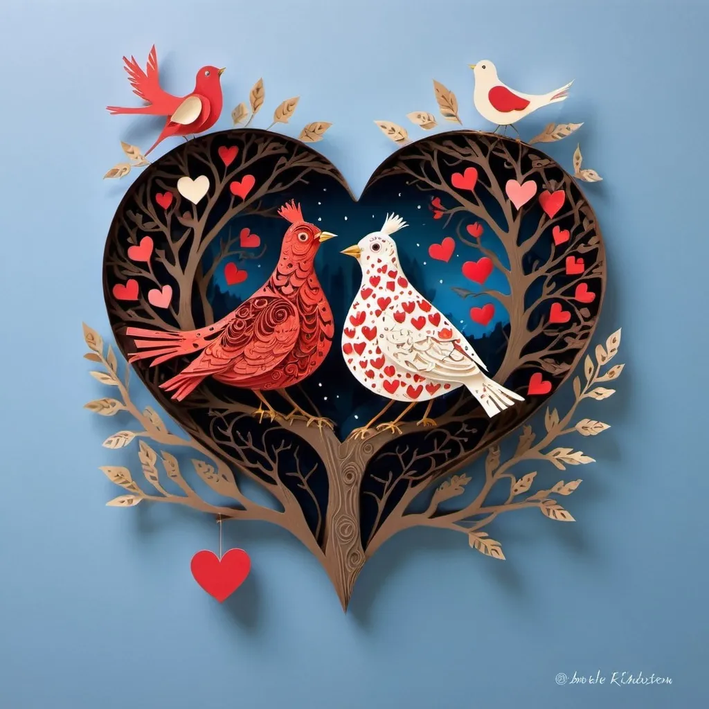 Prompt: a tree with hearts and birds on it with a sky background and a sky background with a heart tree, Annabel Kidston, folk art, love, a storybook illustration